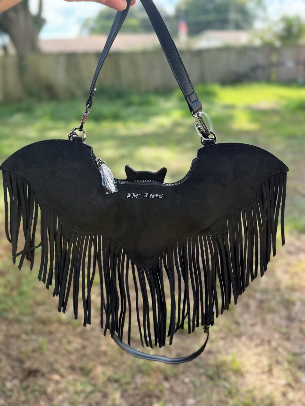 Betsey Johnson Black Fringe Bat-Shaped Shoulder Bag